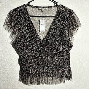 NWT American Eagle Outfitters Black V-Neck Floral Sheer Crop Babydoll Top